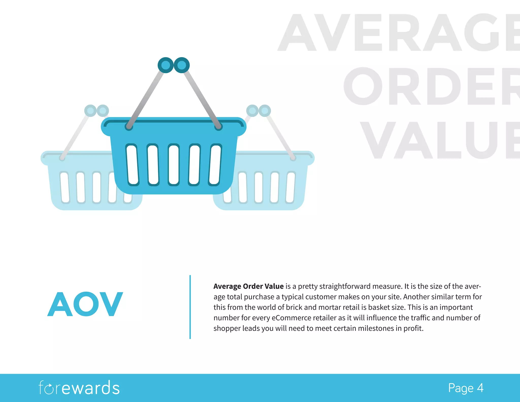 Page 4
AOV
Average Order Value is a pretty straightforward measure. It is the size of the aver-
age total purchase a typical customer makes on your site. Another similar term for
this from the world of brick and mortar retail is basket size. This is an important
number for every eCommerce retailer as it will influence the traffic and number of
shopper leads you will need to meet certain milestones in profit.
AVERAGE
ORDER
VALUE
 