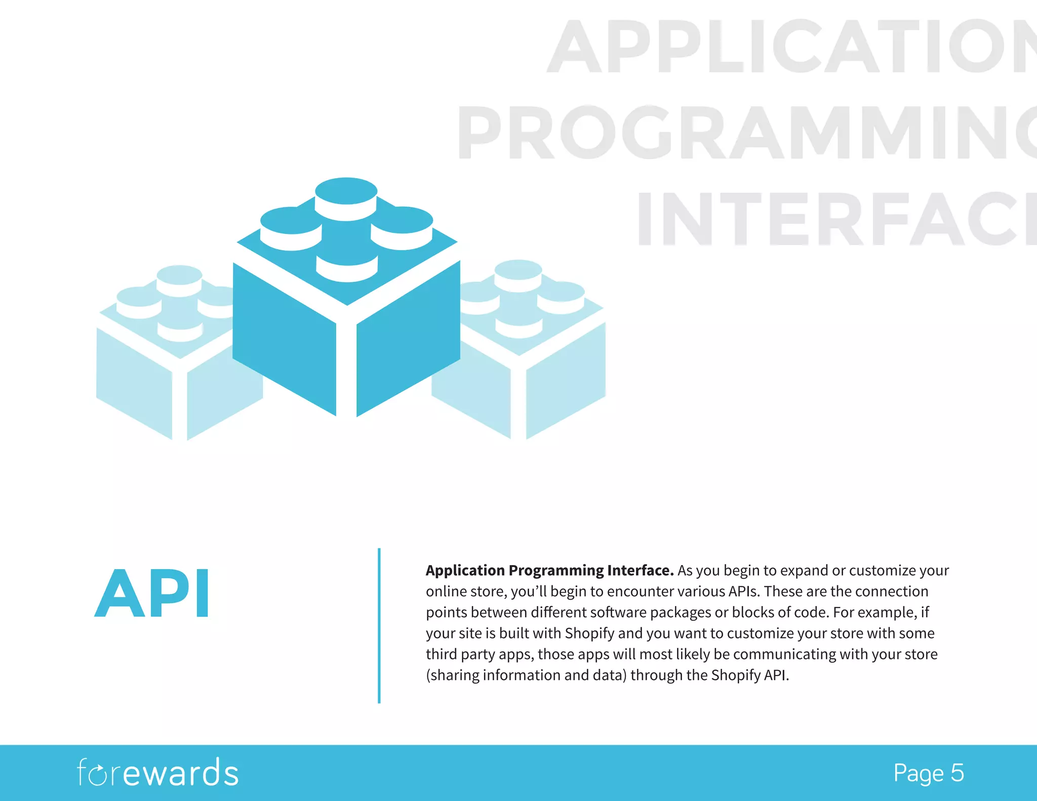 Page 5
API
Application Programming Interface. As you begin to expand or customize your
online store, you’ll begin to encounter various APIs. These are the connection
points between different software packages or blocks of code. For example, if
your site is built with Shopify and you want to customize your store with some
third party apps, those apps will most likely be communicating with your store
(sharing information and data) through the Shopify API.
APPLICATION
PROGRAMMING
INTERFACE
 