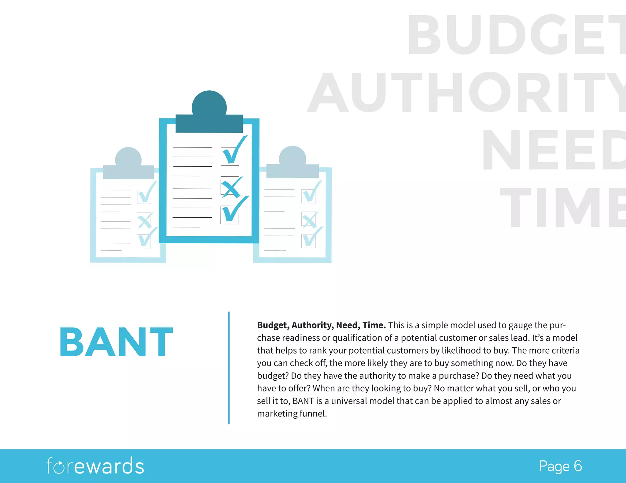 Page 6
BANT
Budget, Authority, Need, Time. This is a simple model used to gauge the pur-
chase readiness or qualification of a potential customer or sales lead. It’s a model
that helps to rank your potential customers by likelihood to buy. The more criteria
you can check off, the more likely they are to buy something now. Do they have
budget? Do they have the authority to make a purchase? Do they need what you
have to offer? When are they looking to buy? No matter what you sell, or who you
sell it to, BANT is a universal model that can be applied to almost any sales or
marketing funnel.
BUDGET
AUTHORITY
NEED
TIME
 