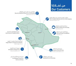 ‫التجميل‬‫مل�ستح�ضرات‬‫احلديثة‬‫روج‬‫�شركة‬
Rouge Modern Company for Cosmetics
www.rouge.com.sa
‫القاب�ضة‬‫املداحية‬‫جمموعة‬
Almaddahia Holding Group
www.almaddahia.com
‫وال�صناعة‬‫للتجارة‬‫العويف‬‫جمموعة‬
Aloufi Group for Trading & Industry
‫للدهانات‬‫اجلزيرة‬‫م�صنع‬
Aljazeera Factory for Paints
www.al-jazeerapaints.com
‫والزجاج‬‫أملنيوم‬‫ل‬‫ل‬‫احلديبية‬‫م�صنع‬
Al-Hudaybiyah Factory for  
Aluminum & Glass
‫للمقاوالت‬‫امل�شرب‬‫ؤ�س�سة‬�‫م‬
Almashrab Est. for Contracting
‫العيوين‬‫�شركات‬‫إحدى‬� )‫(مارمو‬‫التعدين‬‫دار‬‫�شركة‬
Dar Al Ta’adeen (Marmo) one of AL YUNI companies
www.alayunigroup.com
‫للمقاوالت‬‫املو�سى‬‫العزيز‬‫عبد‬‫مو�سى‬‫�شركة‬
Mosa Bin AbdulAziz Almosa Co. for Contracting
www.almosa.com.sa
‫واملقاوالت‬‫للتجارة‬‫الباحة‬‫�شركة‬
Al Baha Trading and Contracting
www.albaha.com
)‫(واتكو‬‫املحدودة‬‫أعمال‬‫ل‬‫ا‬‫�شركة‬
Works and Trade Co.ltd (WATCO)
www.watco.sa
‫نا‬ ِ‫ــــالئ‬ َ‫م‬ ُ‫ع‬ ‫من‬
Our Customers
14
 