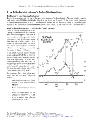 Chapter 3 — How To Integrate Technical Indicators Into an Elliott Wave Forecast


2. How To Use Technical Indicators To Confirm Elliott Wave Counts
Top Reason To Love Technical Indicators
The previous lesson points out one of the redeeming features of technical studies: You can identify potential
trade setups using MACD to find Hooks, Slingshots and Zero-Line Reversals (ZLR). In this lesson, I’m going
to continue our examination of MACD, and I’ve saved the best for last. The No. 1 reason to love technical in-
dicators is that you can use one like MACD to count Elliott waves. Let me count the ways (and the waves):
You Can Count Impulse Waves and Identify Wave 3 Extremes
Often, an extreme reading in MACD will
correspond to the extreme of wave three.
This correlation appears when MACD
tests zero in wave four, prior to the de-
velopment of wave five. During a typical
wave five, the MACD reading will be
smaller in magnitude than it was during
wave three, creating what is commonly
referred to as divergence. An example is
illustrated in Figure 15 (Sugar).
In this chart, you can see how the ex-
treme reading in MACD is in line with
the top of wave three, which occurred in
July. MACD pulled back to zero in wave
four before turning up in wave five. And
though sugar prices were higher at the
end of wave 0 than at the end of wave
8, MACD readings during wave 0 fell
far short of their wave 8 peak.
So remember that within a five-wave
move, there are three MACD signals to
look for:
    1. 	 Wave three normally corre-
         sponds to an extreme reading in
         MACD.
    2. 	 Wave four accompanies a test of
         zero.                                                            Figure 15
    3. 	 Wave five pushes prices to a new
         extreme while MACD yields
         a lower reading than what oc-
         curred in wave three.




The Ultimate Technical Analysis Handbook — © 2009 Elliott Wave International
This ebook includes handpicked lessons from more than 200 pages of EWI’s comprehensive                    13
Trader’s Classroom Collection of eBooks. Learn more here: http://www.elliottwave.com/wave/ClubTCC
 