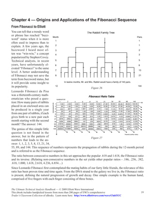 Chapter 4 — Origins and Applications of the Fibonacci Sequence
From Fibonacci to Elliott
You can tell that a trendy word
or phrase has reached “buzz-
word” status when it is more
often used to impress than to
explain. A few years ago, the
buzzword I heard most of-
ten was “win-win,” a concept
popularized by Stephen Covey.
Technical analysts, in recent
years, have unfortunately el-
evated “Fibonacci” to the same
level. A better understanding
of Fibonacci may not save the
term from buzzword status, but
it will provide some insight to
its popularity.                                                       Figure 26
Leonardo Fibonacci da Pisa
was a thirteenth-century math-
ematician who posed a ques-
tion: How many pairs of rabbits
placed in an enclosed area can
be produced in a single year
from one pair of rabbits, if each
gives birth to a new pair each
month starting with the second
month? The answer: 144.
The genius of this simple little
question is not found in the
answer, but in the pattern of                                  Figure 27
numbers that leads to the an-
swer: 1, 1, 2, 3, 5, 8, 13, 21, 34,
55, 89, and 144. This sequence of numbers represents the propagation of rabbits during the 12-month period
and is referred to as the Fibonacci sequence.
The ratio between consecutive numbers in this set approaches the popular .618 and 1.618, the Fibonacci ratio
and its inverse. (Relating non-consecutive numbers in the set yields other popular ratios - .146, .236, .382,
.618, 1.000, 1.618, 2.618, 4.236, 6.854....)
Since Leonardo Fibonacci first contemplated the mating habits of our furry little friends, the relevance of this
ratio has been proven time and time again. From the DNA strand to the galaxy we live in, the Fibonacci ratio
is present, defining the natural progression of growth and decay. One simple example is the human hand,
comprised of five fingers with each finger consisting of three bones.


The Ultimate Technical Analysis Handbook — © 2009 Elliott Wave International
This ebook includes handpicked lessons from more than 200 pages of EWI’s comprehensive                       19
Trader’s Classroom Collection of eBooks. Learn more here: http://www.elliottwave.com/wave/ClubTCC
 