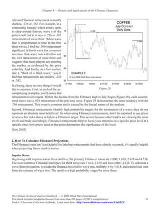 Chapter 4 — Origins and Applications of the Fibonacci Sequence


relevant Fibonacci retracement is usually
shallow, .236 or .382. For example, in a
contracting triangle where prices seem
to chop around forever, wave e of the
pattern will end at or near a .236 or .382
retracement of wave three. When wave
four is proportional in time to the first
three waves, I find the .500 retracement
significant. A fourth wave that consumes
less time than wave two will often test
the .618 retracement of wave three and
suggests that more players are entering
the market, as evidenced by the price
volatility. And finally, in a fast market,
like a “third of a third wave,” you’ll
find that retracements are shallow, .236
or .382.
In closing, there are two things I would
like to mention. First, in each of the ac-                            Figure 29
companying examples, you’ll notice that
retracement levels repeat. Within the decline from the February high in July Sugar (Figure 28), each counter-
trend move was a .618 retracement of the previous wave. Figure 29 demonstrates the same tendency with the
.786 retracement. This event is common and is caused by the fractal nature of the markets.
Second, Fibonacci retracements identify high probability targets for the termination of a wave; they do not
represent an absolute must-hold level. So when using Fibonacci retracements, don’t be surprised to see prices
reverse a few ticks above or below a Fibonacci target. This occurs because other traders are viewing the same
levels and trade accordingly. Fibonacci retracements help to focus your attention on a specific price level at a
specific time; how prices react at that point determines the significance of the level.
[July 2003]


2. How To Calculate Fibonacci Projections
The Fibonacci ratio isn’t just helpful for labeling retracements that have already occurred, it’s equally helpful
when projecting future market moves.

Impulse Waves
Beginning with impulse waves three and five, the primary Fibonacci ratios are 1.000, 1.618, 2.618 and 4.236.
The most common Fibonacci multiples for third waves are 1.618, 2.618 and least often, 4.236. To calculate a
wave-three projection, you take the distance traveled in wave one, multiply it by 1.618, and extend that sum
from the extreme of wave two. The result is a high probability target for wave three.




The Ultimate Technical Analysis Handbook — © 2009 Elliott Wave International
This ebook includes handpicked lessons from more than 200 pages of EWI’s comprehensive                        21
Trader’s Classroom Collection of eBooks. Learn more here: http://www.elliottwave.com/wave/ClubTCC
 