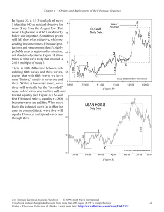 Chapter 4 — Origins and Applications of the Fibonacci Sequence


In Figure 30, a 1.618 multiple of wave
1 identifies 643 as an ideal objective for
wave 3 up from the August low. The
wave 3 high came in at 635, moderately
below our objective. Sometimes prices
will fall short of an objective, while ex-
ceeding it at other times. Fibonacci pro-
jections and retracements identify highly
probable areas or regions of termination,
not absolute objectives. Figure 31 illus-
trates a third wave rally that attained a
2.618 multiple of wave 1.
There is little difference between cal-
culating fifth waves and third waves,
except that with fifth waves we have
more “history,” namely in waves one and
three. Within a five-wave move, wave
three will typically be the “extended”                                     Figure 30
wave, while waves one and five will tend
toward equality (see Figure 32). So our
first Fibonacci ratio is equality (1.000)
between waves one and five. When wave
five is the extended wave (as is often the
case in commodities), wave five will
equal a Fibonacci multiple of waves one
through three.




                                                                           Figure 31




The Ultimate Technical Analysis Handbook — © 2009 Elliott Wave International
This ebook includes handpicked lessons from more than 200 pages of EWI’s comprehensive              22
Trader’s Classroom Collection of eBooks. Learn more here: http://www.elliottwave.com/wave/ClubTCC
 