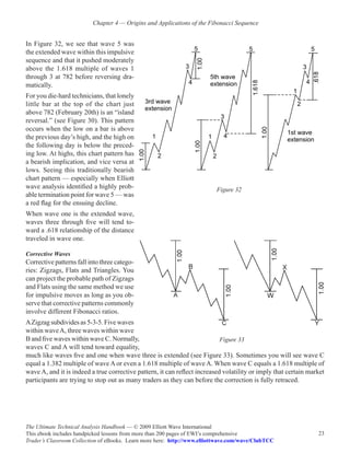 Chapter 4 — Origins and Applications of the Fibonacci Sequence


In Figure 32, we see that wave 5 was
the extended wave within this impulsive
sequence and that it pushed moderately
above the 1.618 multiple of waves 1
through 3 at 782 before reversing dra-
matically.
For you die-hard technicians, that lonely
little bar at the top of the chart just
above 782 (February 20th) is an “island
reversal.” (see Figure 30). This pattern
occurs when the low on a bar is above
the previous day’s high, and the high on
the following day is below the preced-
ing low. At highs, this chart pattern has
a bearish implication, and vice versa at
lows. Seeing this traditionally bearish
chart pattern — especially when Elliott
wave analysis identified a highly prob-                                   Figure 32
able termination point for wave 5 — was
a red flag for the ensuing decline.
When wave one is the extended wave,
waves three through five will tend to-
ward a .618 relationship of the distance
traveled in wave one.

Corrective Waves
Corrective patterns fall into three catego-
ries: Zigzags, Flats and Triangles. You
can project the probable path of Zigzags
and Flats using the same method we use
for impulsive moves as long as you ob-
serve that corrective patterns commonly
involve different Fibonacci ratios.
A Zigzag subdivides as 5-3-5. Five waves
within wave A, three waves within wave
B and five waves within wave C. Normally,                                   Figure 33
waves C and A will tend toward equality,
much like waves five and one when wave three is extended (see Figure 33). Sometimes you will see wave C
equal a 1.382 multiple of wave A or even a 1.618 multiple of wave A. When wave C equals a 1.618 multiple of
wave A, and it is indeed a true corrective pattern, it can reflect increased volatility or imply that certain market
participants are trying to stop out as many traders as they can before the correction is fully retraced.




The Ultimate Technical Analysis Handbook — © 2009 Elliott Wave International
This ebook includes handpicked lessons from more than 200 pages of EWI’s comprehensive                           23
Trader’s Classroom Collection of eBooks. Learn more here: http://www.elliottwave.com/wave/ClubTCC
 