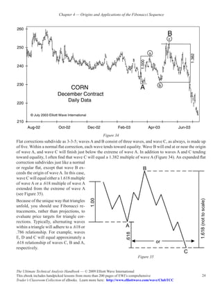 Chapter 4 — Origins and Applications of the Fibonacci Sequence




                                                     Figure 34
Flat corrections subdivide as 3-3-5; waves A and B consist of three waves, and wave C, as always, is made up
of five. Within a normal flat correction, each wave tends toward equality. Wave B will end at or near the origin
of wave A, and wave C will finish just below the extreme of wave A. In addition to waves A and C tending
toward equality, I often find that wave C will equal a 1.382 multiple of wave A (Figure 34). An expanded flat
correction subdivides just like a normal
or regular flat, except that wave B ex-
ceeds the origin of wave A. In this case,
wave C will equal either a 1.618 multiple
of wave A or a .618 multiple of wave A
extended from the extreme of wave A
(see Figure 35).
Because of the unique way that triangles
unfold, you should use Fibonacci re-
tracements, rather than projections, to
evaluate price targets for triangle cor-
rections. Typically, alternating waves
within a triangle will adhere to a .618 or
.786 relationship. For example, waves
E, D and C will equal approximately a
.618 relationship of waves C, B and A,
respectively.

                                                                          Figure 35


The Ultimate Technical Analysis Handbook — © 2009 Elliott Wave International
This ebook includes handpicked lessons from more than 200 pages of EWI’s comprehensive                       24
Trader’s Classroom Collection of eBooks. Learn more here: http://www.elliottwave.com/wave/ClubTCC
 