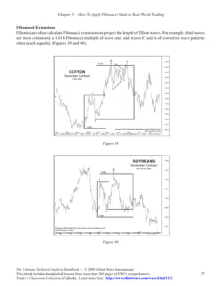 Chapter 5 —How To Apply Fibonacci Math to Real-World Trading


Fibonacci Extensions
Elliotticians often calculate Fibonacci extensions to project the length of Elliott waves. For example, third waves
are most commonly a 1.618 Fibonacci multiple of wave one, and waves C and A of corrective wave patterns
often reach equality (Figures 39 and 40).




                                                     Figure 39




                                                     Figure 40




The Ultimate Technical Analysis Handbook — © 2009 Elliott Wave International
This ebook includes handpicked lessons from more than 200 pages of EWI’s comprehensive                          27
Trader’s Classroom Collection of eBooks. Learn more here: http://www.elliottwave.com/wave/ClubTCC
 