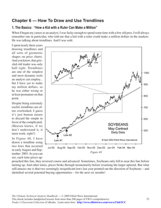 Chapter 6 — How To Draw and Use Trendlines
1. The Basics: “How a Kid with a Ruler Can Make a Million”
When I began my career as an analyst, I was lucky enough to spend some time with a few old pros. I will always
remember one in particular, who told me that a kid with a ruler could make a million dollars in the markets.
He was talking about trendlines. And I was sold.
I spent nearly three years
drawing trendlines and
all sorts of geometric
shapes on price charts.
And you know, that griz-
zled old trader was only
half right. Trendlines
are one of the simplest
and most dynamic tools
an analyst can employ...
but I have yet to make
my million dollars, so
he was either wrong or
at least premature on that
point.
Despite being extremely
useful, trendlines are of-
ten overlooked. I guess
it’s just human nature
to discard the simple in
favor of the complicated.
(Heaven knows, if we
don’t understand it, it
must work, right?)
In Figure 48, I have
drawn a trendline using
two lows that occurred
in early August and Sep-
                                                                 Figure 48
tember 2003. As you can
see, each time prices ap-
proached this line, they reversed course and advanced. Sometimes, Soybeans only fell to near this line before
turning up. And other times, prices broke through momentarily before resuming the larger uptrend. But what
still amazes me is that two seemingly insignificant lows last year pointed out the direction of Soybeans – and
identified several potential buying opportunities – for the next six months!




The Ultimate Technical Analysis Handbook — © 2009 Elliott Wave International
This ebook includes handpicked lessons from more than 200 pages of EWI’s comprehensive                     32
Trader’s Classroom Collection of eBooks. Learn more here: http://www.elliottwave.com/wave/ClubTCC
 