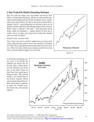 Chapter 6 —How To Draw and Use Trendlines


2. How To Use R.N. Elliott’s Channeling Technique
Now let’s take the subject one step further and discuss R.N.
Elliott’s Channeling Technique. Elliott saw that parallel lines
often mark the upper and lower limits of impulse waves, specifi-
cally waves four and five. In other words, prices trend within a
channel. And it’s a good thing they do, because it gives us yet
another reliable method for identifying support and resistance.
What’s more, a channel’s “life-span” – how long price action
keeps within its boundaries – speaks directly to how big or
small a move to expect once prices have broken the channel
and a reversal is at hand.
So here’s how you draw them.
First, when you need to identify support for wave four, draw
a line connecting the ends of waves one and three (see Figure
55). Then, draw a parallel line that touches the extreme of wave
two. These two lines outline your channel, and the lower line
shows you the likeliest support for wave four.
                                                                                      Figure 55


A trick I have picked up over
the years is to double the
channel (see Figure 56). To
do this, place a third paral-
lel line beneath your lower
line, at the point where all
three lines have equal space
between them. The channel
width is now double that of
the Elliott channel. When
your original channel doesn’t
hold, and evidence continues
to argue for a fourth wave,
this lower line will provide
support.




                                                                     Figure 56


The Ultimate Technical Analysis Handbook — © 2009 Elliott Wave International
This ebook includes handpicked lessons from more than 200 pages of EWI’s comprehensive              37
Trader’s Classroom Collection of eBooks. Learn more here: http://www.elliottwave.com/wave/ClubTCC
 