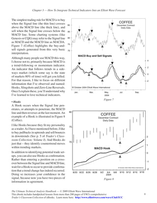 Chapter 3 — How To Integrate Technical Indicators Into an Elliott Wave Forecast


The simplest trading rule for MACD is to buy
when the Signal line (the thin line) crosses
above the MACD line (the thick line), and
sell when the Signal line crosses below the
MACD line. Some charting systems (like
Genesis or CQG) may refer to the Signal line
as MACD and the MACD line as MACDA.
Figure 7 (Coffee) highlights the buy-and-
sell signals generated from this very basic
interpretation.
Although many people use MACD this way,
I choose not to, primarily because MACD is
a trend-following or momentum indicator.
An indicator that follows trends in a side-
ways market (which some say is the state
of markets 80% of time) will get you killed.
For that reason, I like to focus on different
information that I’ve observed and named:
Hooks, Slingshots and Zero-Line Reversals.
Once I explain these, you’ll understand why
I’ve learned to love technical indicators.
                                                                                Figure 7
• Hooks
A Hook occurs when the Signal line pen-
etrates, or attempts to penetrate, the MACD
line and then reverses at the last moment. An
example of a Hook is illustrated in Figure 8
(Coffee).
I like Hooks because they fit my personality
as a trader. As I have mentioned before, I like
to buy pullbacks in uptrends and sell bounces
in downtrends (See p. 5 of Trader’s Class-
room Collection: Volume I). And Hooks do
just that – they identify countertrend moves
within trending markets.
In addition to identifying potential trade set-
ups, you can also use Hooks as confirmation.
Rather than entering a position on a cross-
over between the Signal line and MACD line,
wait for a Hook to occur to provide confirma-
tion that a trend change has indeed occurred.
Doing so increases your confidence in the
signal, because now you have two pieces of                                      Figure 8
information in agreement.


The Ultimate Technical Analysis Handbook — © 2009 Elliott Wave International
This ebook includes handpicked lessons from more than 200 pages of EWI’s comprehensive              9
Trader’s Classroom Collection of eBooks. Learn more here: http://www.elliottwave.com/wave/ClubTCC
 
