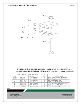 PINES #¾ & #1 TUBE & PIPE BENDERS 5/10/2019
1-07
UTB CLAMP DIE HOLDER ASSEMBLY for PINES #¾ or #1 (LH SHOWN) 1-
5033600 = Pines 110-50-336-29 RH (NOT SHOWN) 1-5033601 = Pines 110-50-336-36
KEY
UTB PART NO. REPLACES PINES
PART NO.
NO.
REQ’D DESCRIPTION
1 (LH) 1-5033500 110-50-335-00 1 Block, Clamp Die Holder (LH machine
1 (RH) 1-5033501 110-50-335-01 1 Block, Clamp Die Holder (RH machine
2 1-5031500 110-50-315-00 1 Half Round – Slotted Style
$1 1-903-41402 (Std. Purchase) 2 ¼”-20 T-Nut (TECO #TN-374)
$2 1-903-41605 (Std. Purchase) 1 ½”-13 Hex Flange Nut (TECO #FN-12)
$3 1-903-46406 (Std. Purchase) 1 ½”-13 x 4” Lg. T-Bolt (TECO)
$4 1-451128 (Std. Purchase) 2 ¼”-20 S.H.C.S. x ½” Lg.
 