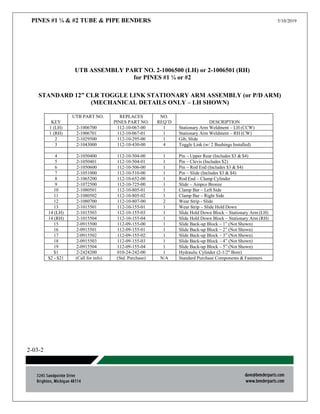 PINES #1 ¼ & #2 TUBE & PIPE BENDERS 5/10/2019
2-03-2
UTB ASSEMBLY PART NO. 2-1006500 (LH) or 2-1006501 (RH)
for PINES #1 ¼ or #2
STANDARD 12” CLR TOGGLE LINK STATIONARY ARM ASSEMBLY (or P/D ARM)
(MECHANICAL DETAILS ONLY – LH SHOWN)
KEY
UTB PART NO. REPLACES
PINES PART NO.
NO.
REQ’D DESCRIPTION
1 (LH) 2-1006700 112-10-067-00 1 Stationary Arm Weldment – LH (CCW)
1 (RH) 2-1006701 112-10-067-01 1 Stationary Arm Weldment – RH (CW)
2 2-1029500 112-10-295-00 1 Gib, Slide
3 2-1043000 112-10-430-00 4 Toggle Link (w/ 2 Bushings Installed)
4 2-1050400 112-10-504-00 1 Pin – Upper Rear (Includes $3 & $4)
5 2-1050401 112-10-504-01 1 Pin – Clevis (Includes $2)
6 2-1050600 112-10-506-00 1 Pin – Rod End (Includes $3 & $4)
7 2-1051000 112-10-510-00 1 Pin – Slide (Includes $3 & $4)
8 2-1065200 112-10-652-00 1 Rod End – Clamp Cylinder
9 2-1072500 112-10-725-00 1 Slide – Ampco Bronze
10 2-1080501 112-10-805-01 1 Clamp Bar – Left Side
11 2-1080502 112-10-805-02 1 Clamp Bar – Right Side
12 2-1080700 112-10-807-00 2 Wear Strip - Slide
13 2-1015501 112-10-155-01 1 Wear Strip – Slide Hold Down
14 (LH) 2-1015503 112-10-155-03 1 Slide Hold Down Block – Stationary Arm (LH)
14 (RH) 2-1015504 112-10-155-04 1 Slide Hold Down Block – Stationary Arm (RH)
15 2-0915500 112-09-155-00 1 Slide Back-up Block – 1” (Not Shown)
16 2-0915501 112-09-155-01 1 Slide Back-up Block – 2” (Not Shown)
17 2-0915502 112-09-155-02 1 Slide Back-up Block – 3” (Not Shown)
18 2-0915503 112-09-155-03 1 Slide Back-up Block – 4” (Not Shown)
19 2-0915504 112-09-155-04 1 Slide Back-up Block – 5” (Not Shown)
$1 2-2424200 010-24-242-00 1 Hydraulic Cylinder (2-1/2” Bore)
$2 - $21 (Call for info) (Std. Purchase) N/A Standard Purchase Components & Fasteners
 