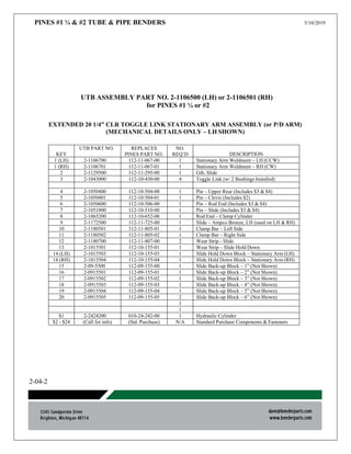PINES #1 ¼ & #2 TUBE & PIPE BENDERS 5/10/2019
2-04-2
UTB ASSEMBLY PART NO. 2-1106500 (LH) or 2-1106501 (RH)
for PINES #1 ¼ or #2
EXTENDED 20 1/4” CLR TOGGLE LINK STATIONARY ARM ASSEMBLY (or P/D ARM)
(MECHANICAL DETAILS ONLY – LH SHOWN)
KEY
UTB PART NO. REPLACES
PINES PART NO.
NO.
REQ’D DESCRIPTION
1 (LH) 2-1106700 112-11-067-00 1 Stationary Arm Weldment – LH (CCW)
1 (RH) 2-1106701 112-11-067-01 1 Stationary Arm Weldment – RH (CW)
2 2-1129500 112-11-295-00 1 Gib, Slide
3 2-1043000 112-10-430-00 4 Toggle Link (w/ 2 Bushings Installed)
4 2-1050400 112-10-504-00 1 Pin – Upper Rear (Includes $3 & $4)
5 2-1050401 112-10-504-01 1 Pin – Clevis (Includes $2)
6 2-1050600 112-10-506-00 1 Pin – Rod End (Includes $3 & $4)
7 2-1051000 112-10-510-00 1 Pin – Slide (Includes $3 & $4)
8 2-1065200 112-10-652-00 1 Rod End – Clamp Cylinder
9 2-1172500 112-11-725-00 1 Slide – Ampco Bronze, LH (used on LH & RH)
10 2-1180501 112-11-805-01 1 Clamp Bar – Left Side
11 2-1180502 112-11-805-02 1 Clamp Bar – Right Side
12 2-1180700 112-11-807-00 2 Wear Strip - Slide
13 2-1015501 112-10-155-01 1 Wear Strip – Slide Hold Down
14 (LH) 2-1015503 112-10-155-03 1 Slide Hold Down Block – Stationary Arm (LH)
14 (RH) 2-1015504 112-10-155-04 1 Slide Hold Down Block – Stationary Arm (RH)
15 2-09-5500 112-09-155-00 1 Slide Back-up Block – 1” (Not Shown)
16 2-0915501 112-09-155-01 1 Slide Back-up Block – 2” (Not Shown)
17 2-0915502 112-09-155-02 1 Slide Back-up Block – 3” (Not Shown)
18 2-0915503 112-09-155-03 1 Slide Back-up Block – 4” (Not Shown)
19 2-0915504 112-09-155-04 1 Slide Back-up Block – 5” (Not Shown)
20 2-0915505 112-09-155-05 2 Slide Back-up Block – 6” (Not Shown)
1
1
$1 2-2424200 010-24-242-00 1 Hydraulic Cylinder
$2 - $24 (Call for info) (Std. Purchase) N/A Standard Purchase Components & Fasteners
 