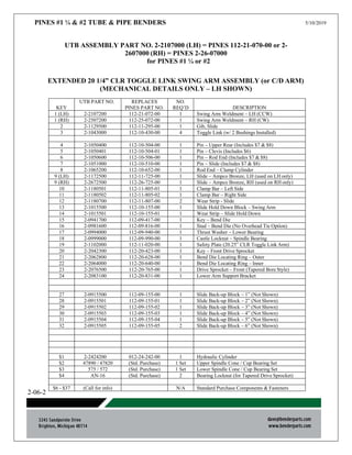PINES #1 ¼ & #2 TUBE & PIPE BENDERS 5/10/2019
2-06-2
UTB ASSEMBLY PART NO. 2-2107000 (LH) = PINES 112-21-070-00 or 2-
2607000 (RH) = PINES 2-26-07000
for PINES #1 ¼ or #2
EXTENDED 20 1/4” CLR TOGGLE LINK SWING ARM ASSEMBLY (or C/D ARM)
(MECHANICAL DETAILS ONLY – LH SHOWN)
KEY
UTB PART NO. REPLACES
PINES PART NO.
NO.
REQ’D DESCRIPTION
1 (LH) 2-2107200 112-21-072-00 1 Swing Arm Weldment – LH (CCW)
1 (RH) 2-2507200 112-25-072-00 1 Swing Arm Weldment – RH (CW)
2 2-1129500 112-11-295-00 1 Gib, Slide
3 2-1043000 112-10-430-00 4 Toggle Link (w/ 2 Bushings Installed)
4 2-1050400 112-10-504-00 1 Pin – Upper Rear (Includes $7 & $8)
5 2-1050401 112-10-504-01 1 Pin – Clevis (Includes $6)
6 2-1050600 112-10-506-00 1 Pin – Rod End (Includes $7 & $8)
7 2-1051000 112-10-510-00 1 Pin – Slide (Includes $7 & $8)
8 2-1065200 112-10-652-00 1 Rod End – Clamp Cylinder
9 (LH) 2-1172500 112-11-725-00 1 Slide – Ampco Bronze, LH (used on LH only)
9 (RH) 2-2672500 112-26-725-00 1 Slide – Ampco Bronze, RH (used on RH only)
10 2-1180501 112-11-805-01 1 Clamp Bar – Left Side
11 2-1180502 112-11-805-02 1 Clamp Bar – Right Side
12 2-1180700 112-11-807-00 2 Wear Strip - Slide
13 2-1015500 112-10-155-00 1 Slide Hold Down Block – Swing Arm
14 2-1015501 112-10-155-01 1 Wear Strip – Slide Hold Down
15 2-0941700 112-09-417-00 1 Key – Bend Die
16 2-0981600 112-09-816-00 1 Stud – Bend Die (No Overhead Tie Option)
17 2-0994000 112-09-940-00 1 Thrust Washer – Lower Bearing
18 2-0999000 112-09-990-00 1 Castle Locknut – Spindle Bearing
19 2-1102000 112-11-020-00 1 Safety Plate (20.25” CLR Toggle Link Arm)
20 2-2042300 112-20-423-00 1 Key – Front Drive Sprocket
21 2-2062800 112-20-628-00 1 Bend Die Locating Ring – Outer
22 2-2064000 112-20-640-00 1 Bend Die Locating Ring – Inner
23 2-2076500 112-20-765-00 1 Drive Sprocket – Front (Tapered Bore Style)
24 2-2083100 112-20-831-00 1 Lower Arm Support Bracket
27 2-0915500 112-09-155-00 1 Slide Back-up Block – 1” (Not Shown)
28 2-0915501 112-09-155-01 1 Slide Back-up Block – 2” (Not Shown)
29 2-0915502 112-09-155-02 1 Slide Back-up Block – 3” (Not Shown)
30 2-0915503 112-09-155-03 1 Slide Back-up Block – 4” (Not Shown)
31 2-0915504 112-09-155-04 1 Slide Back-up Block – 5” (Not Shown)
32 2-0915505 112-09-155-05 2 Slide Back-up Block – 6” (Not Shown)
$1 2-2424200 012-24-242-00 1 Hydraulic Cylinder
$2 47890 / 47820 (Std. Purchase) 1 Set Upper Spindle Cone / Cup Bearing Set
$3 575 / 572 (Std. Purchase) 1 Set Lower Spindle Cone / Cup Bearing Set
$4 AN-16 (Std. Purchase) 2 Bearing Locknut (for Tapered Drive Sprocket)
$6 - $37 (Call for info) N/A Standard Purchase Components & Fasteners
 