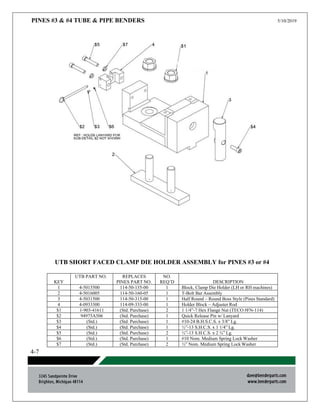 PINES #3 & #4 TUBE & PIPE BENDERS 5/10/2019
4-7
UTB SHORT FACED CLAMP DIE HOLDER ASSEMBLY for PINES #3 or #4
KEY
UTB PART NO. REPLACES
PINES PART NO.
NO.
REQ’D DESCRIPTION
1 4-5013500 114-50-135-00 1 Block, Clamp Die Holder (LH or RH machines)
2 4-5016005 114-50-160-05 1 T-Bolt Bar Assembly
3 4-5031500 114-50-315-00 1 Half Round – Round Boss Style (Pines Standard)
4 4-0933300 114-09-333-00 1 Holder Block – Adjuster Rod
$1 1-903-41611 (Std. Purchase) 2 1 1/4”-7 Hex Flange Nut (TECO #FN-114)
$2 94975A506 (Std. Purchase) 1 Quick Release Pin w/ Lanyard
$3 (Std.) (Std. Purchase) 1 #10-24 B.H.S.C.S. x 3/8” Lg.
$4 (Std.) (Std. Purchase) 1 ½”-13 S.H.C.S. x 1 1/4” Lg.
$5 (Std.) (Std. Purchase) 2 ½”-13 S.H.C.S. x 2 ¾” Lg.
$6 (Std.) (Std. Purchase) 1 #10 Nom. Medium Spring Lock Washer
$7 (Std.) (Std. Purchase) 2 ½” Nom. Medium Spring Lock Washer
 