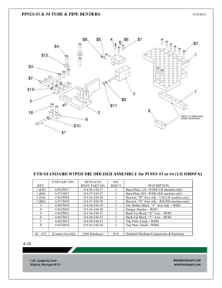 PINES #3 & #4 TUBE & PIPE BENDERS 5/10/2019
UTB STANDARD WIPER DIE HOLDER ASSEMBLY for PINES #3 or #4 (LH SHOWN)
KEY
UTB PART NO. REPLACES
PINES PART NO.
NO.
REQ’D DESCRIPTION
1 (LH) 4-5635027 114-56-350-27 1 Base Plate, LH – WDH (LH machine only)
1 (RH) 4-5735027 114-57-350-27 1 Base Plate, RH - WDH (RH machine only)
2 (LH) 4-5635028 114-56-350-28 1 Bracket, “X” Axis Adj. - LH (LH machine only)
2 (RH) 4-5735028 114-57-350-28 1 Bracket, “X” Axis Adj. - RH (RH machine only)
3 4-5635029 114-56-350-29 1 Die Holder Block, “Y” Axis Adj. – WDH
4 4-5635030 114-56-350-30 1 Hanger Bracket – WDH
5 4-5635031 114-56-350-31 1 Back-Up Block, “X” Axis – WDH
6 4-5635032 114-56-350-32 1 Back-Up Block, “Y” Axis – WDH
7 4-5635033 114-56-350-33 1 Tap Plate, Large – WDH
8 4-5635034 114-56-350-34 1 Tap Plate, Small – WDH
$1 - $12 (Contact for info) (Std. Purchase) N/A Standard Purchase Components & Fasteners
4-10
 