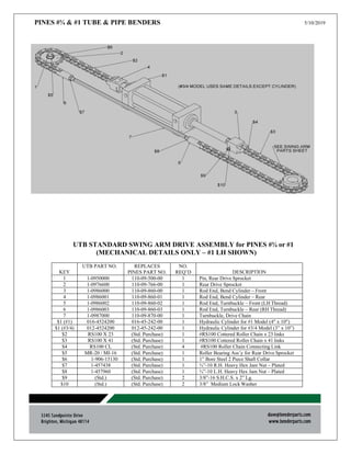 PINES #¾ & #1 TUBE & PIPE BENDERS 5/10/2019
UTB STANDARD SWING ARM DRIVE ASSEMBLY for PINES #¾ or #1
(MECHANICAL DETAILS ONLY – #1 LH SHOWN)
KEY
UTB PART NO. REPLACES
PINES PART NO.
NO.
REQ’D DESCRIPTION
1 1-0950000 110-09-500-00 1 Pin, Rear Drive Sprocket
2 1-0976600 110-09-766-00 1 Rear Drive Sprocket
3 1-0986000 110-09-860-00 1 Rod End, Bend Cylinder – Front
4 1-0986001 110-09-860-01 1 Rod End, Bend Cylinder – Rear
5 1-0986002 110-09-860-02 1 Rod End, Turnbuckle – Front (LH Thread)
6 1-0986003 110-09-860-03 1 Rod End, Turnbuckle – Rear (RH Thread)
7 1-0987000 110-09-870-00 1 Turnbuckle, Drive Chain
$1 (#1) 016-4524200 016-45-242-00 1 Hydraulic Cylinder for #1 Model (4” x 10”)
$1 (#3/4) 012-4524200 012-45-242-00 1 Hydraulic Cylinder for #3/4 Model (3” x 10”)
$2 RS100 X 23 (Std. Purchase) 1 #RS100 Cottered Roller Chain x 23 links
$3 RS100 X 41 (Std. Purchase) 1 #RS100 Cottered Roller Chain x 41 links
$4 RS100 CL (Std. Purchase) 4 #RS100 Roller Chain Connecting Link
$5 MR-20 / MI-16 (Std. Purchase) 1 Roller Bearing Ass’y for Rear Drive Sprocket
$6 1-906-15130 (Std. Purchase) 1 1” Bore Steel 2 Piece Shaft Collar
$7 1-457438 (Std. Purchase) 1 ¾”-10 R.H. Heavy Hex Jam Nut – Plated
$8 1-457960 (Std. Purchase) 1 ¾”-10 L.H. Heavy Hex Jam Nut – Plated
$9 (Std.) (Std. Purchase) 2 3/8”-16 S.H.C.S. x 2” Lg.
$10 (Std.) (Std. Purchase) 2 3/8” Medium Lock Washer
 