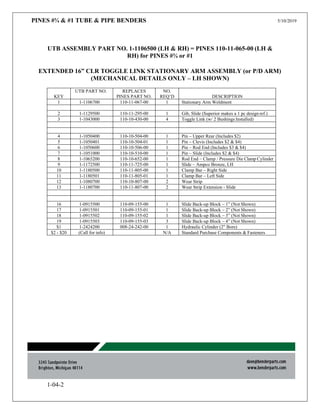 PINES #¾ & #1 TUBE & PIPE BENDERS 5/10/2019
1-04-2
UTB ASSEMBLY PART NO. 1-1106500 (LH & RH) = PINES 110-11-065-00 (LH &
RH) for PINES #¾ or #1
EXTENDED 16” CLR TOGGLE LINK STATIONARY ARM ASSEMBLY (or P/D ARM)
(MECHANICAL DETAILS ONLY – LH SHOWN)
KEY
UTB PART NO. REPLACES
PINES PART NO.
NO.
REQ’D DESCRIPTION
1 1-1106700 110-11-067-00 1 Stationary Arm Weldment
2 1-1129500 110-11-295-00 1 Gib, Slide (Superior makes a 1 pc design ref.)
3 1-1043000 110-10-430-00 4 Toggle Link (w/ 2 Bushings Installed)
4 1-1050400 110-10-504-00 1 Pin – Upper Rear (Includes $2)
5 1-1050401 110-10-504-01 1 Pin – Clevis (Includes $2 & $4)
6 1-1050600 110-10-506-00 1 Pin – Rod End (Includes $3 & $4)
7 1-1051000 110-10-510-00 1 Pin – Slide (Includes $2 & $4)
8 1-1065200 110-10-652-00 1 Rod End – Clamp / Pressure Die Clamp Cylinder
9 1-1172500 110-11-725-00 1 Slide – Ampco Bronze, LH
10 1-1180500 110-11-805-00 1 Clamp Bar – Right Side
11 1-1180501 110-11-805-01 1 Clamp Bar – Left Side
12 1-1080700 110-10-807-00 2 Wear Strip
13 1-1180700 110-11-807-00 2 Wear Strip Extension - Slide
16 1-0915500 110-09-155-00 1 Slide Back-up Block – 1” (Not Shown)
17 1-0915501 110-09-155-01 1 Slide Back-up Block – 2” (Not Shown)
18 1-0915502 110-09-155-02 1 Slide Back-up Block – 3” (Not Shown)
19 1-0915503 110-09-155-03 3 Slide Back-up Block – 4” (Not Shown)
$1 1-2424200 008-24-242-00 1 Hydraulic Cylinder (2” Bore)
$2 - $20 (Call for info) N/A Standard Purchase Components & Fasteners
 