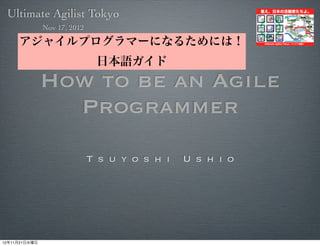 Ultimate Agilist Tokyo
               Nov 17, 2012

     アジャイルプログラマーになるためには！
                               日本語ガイド
               How to be an Agile
                 Programmer
                              T s u y o s h i   U s h i o




12年11月21日水曜日
 