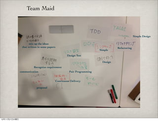 Team Maid



                                                                                                    Simple Design

                      mix up the ideas
                that written in some papers                                           Refactoring
                                                                           Simple

                                                      Design Test

                                                                             Design
                         Recognize requirement
               communication                            Pair Programming


                                              Continuous Delivery

                           proposal




12年11月21日水曜日
 