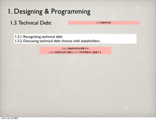 1. Designing & Programming
      1.3. Technical Debt                                        1.3. 技術的負債




         1.3.1. Recognizing technical debt
         1.3.2. Discussing technical debt choices with stakeholders.
                                         1.3.1. 技術的負債を理解する
                                1.3.2. 技術的負債の選択について利害関係者と議論する




12年11月21日水曜日
 