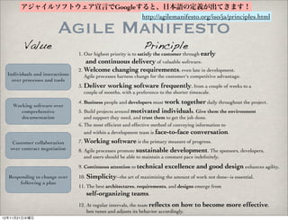 アジャイルソフトウェア宣言でGoogleすると、日本語の定義が出てきます！
                             http://agilemanifesto.org/iso/ja/principles.html

                        Agile Manifesto
         Value                                                 Principle
                                 1. Our highest priority is to satisfy the customer through early
                                    and continuous delivery of valuable software.
                                 2. Welcome changing requirements, even late in development.
  Individuals and interactions     Agile processes harness change for the customer's competitive advantage.
    over processes and tools
                                 3. Deliver working software frequently, from a couple of weeks to a
                                    couple of months, with a preference to the shorter timescale.
                                 4. Business people and developers must work
                                                                           together daily throughout the project.
    Working software over
       comprehensive             5. Build projects around motivated individuals. Give them the environment
       documentation                and support they need, and trust them to get the job done.
                                 6. The most efﬁcient and effective method of conveying information to
                                    and within a development team is face-to-face conversation.

    Customer collaboration       7. Working      software is the primary measure of progress.
   over contract negotiation     8. Agile processes promote sustainable development. The sponsors, developers,
                                   and users should be able to maintain a constant pace indeﬁnitely.
                                 9. Continuous attention to technical    excellence and good design enhances agility.
  Responding to change over      10. Simplicity--the art of maximizing the amount of work not done--is essential.
      following a plan
                                 11. The best architectures, requirements, and designs emerge from
                                     self-organizing teams.
                                 12. At regular intervals, the team reﬂects on how      to become more effective,
                                     hen tunes and adjusts its behavior accordingly.
12年11月21日水曜日
 