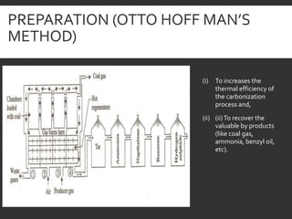 PREPARATION (OTTO HOFF MAN’S
METHOD)
(i) To increases the
thermal efficiency of
the carbonization
process and,
(ii) (ii)To recover the
valuable by products
(like coal gas,
ammonia, benzyl oil,
etc).
 