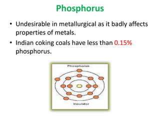 Phosphorus
• Undesirable in metallurgical as it badly affects
properties of metals.
• Indian coking coals have less than 0.15%
phosphorus.
 