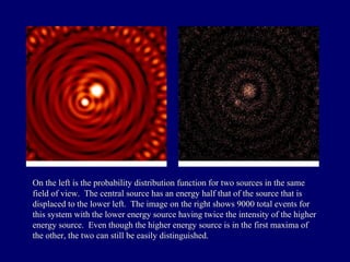 On the left is the probability distribution function for two sources in the same 
field of view. The central source has an energy half that of the source that is 
displaced to the lower left. The image on the right shows 9000 total events for 
this system with the lower energy source having twice the intensity of the higher 
energy source. Even though the higher energy source is in the first maxima of 
the other, the two can still be easily distinguished. 
 