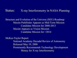 Status: X-ray Interferometry in NASA Planning 
Structure and Evolution of the Universe (SEU) Roadmap 
Maxim Pathfinder Appears as Mid-Term Mission 
Candidate Mission for 2008-2013 
Maxim Appears as Vision Mission 
Candidate Mission for 2014 
McKee-Taylor Report 
National Academy Decadal Review of Astronomy 
Released May 19, 2000 
Prominently Recommends Technology Development 
Money for X-ray Interferometry 
 