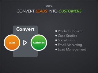 STEP 3

CONVERT LEADS INTO CUSTOMERS

Convert
Leads

Customers

Product Content
Case Studies
Social Proof
Email Marketing
...