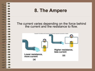 8. The Ampere
The current varies depending on the force behind
the current and the resistance to flow.
 