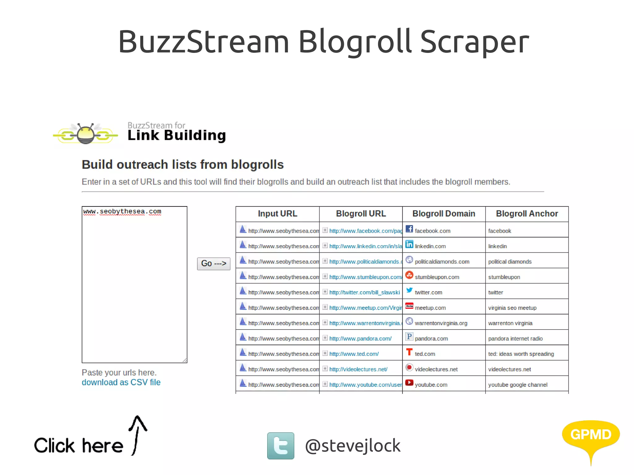 BuzzStream Blogroll Scraper




            @stevejlock
 