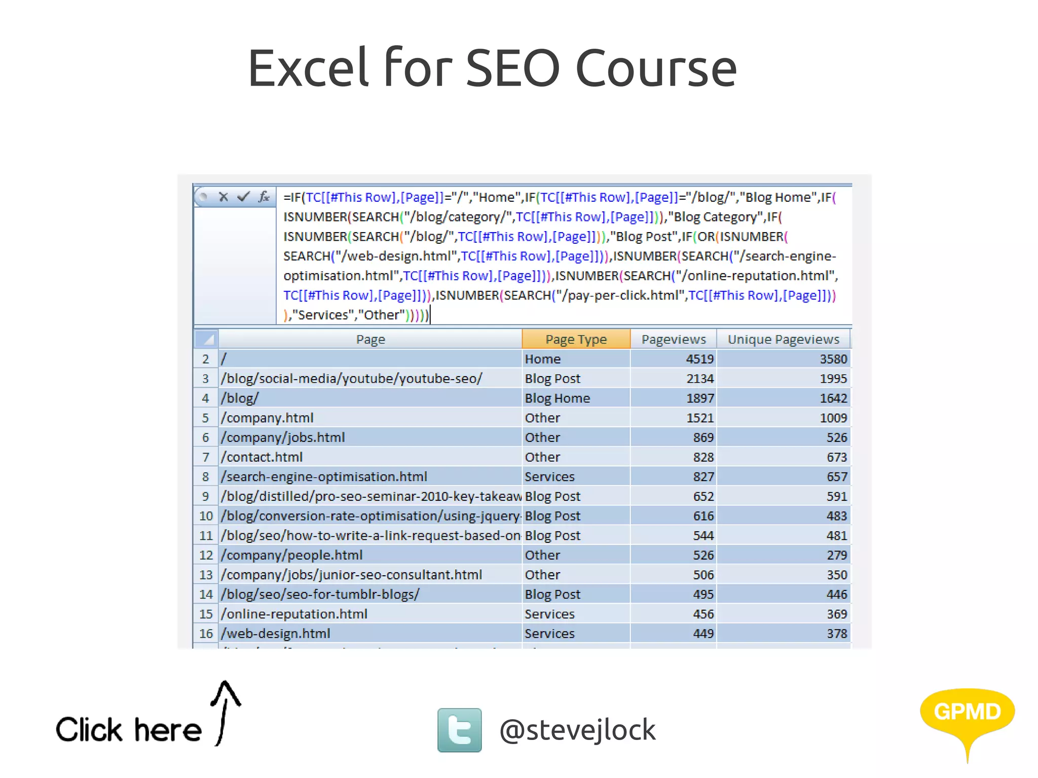 Excel for SEO Course




          @stevejlock
 