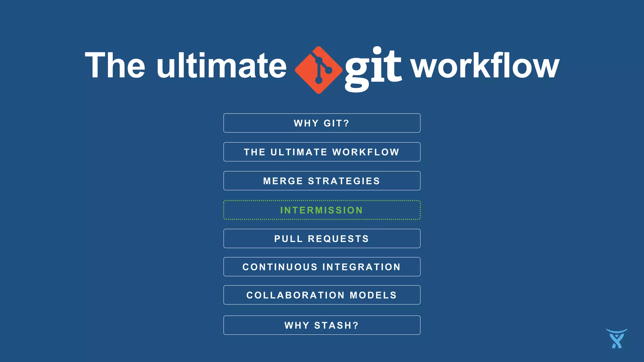 WHY GIT?
THE ULTIMATE WORKFLOW
PULL REQUESTS
INTERMISSION
The ultimate workflow
MERGE STRATEGIES
CONTINUOUS INTEGRATION
COLLABORATION MODELS
WHY STASH?
 