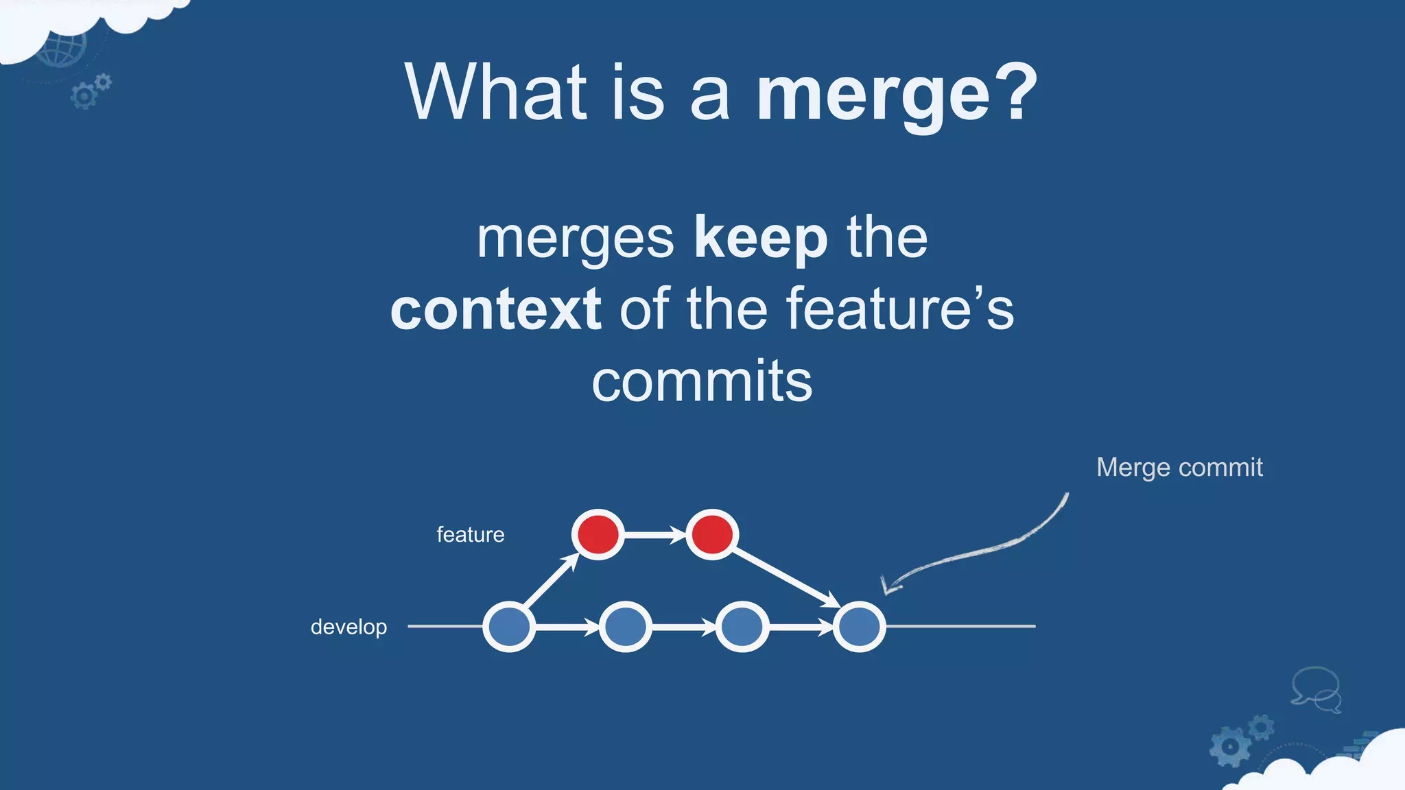 What is a merge?
Merge commit
develop
feature
merges keep the
context of the feature’s
commits
 