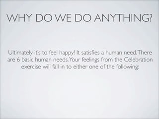 WHY DO WE DO ANYTHING?
Ultimately it’s to feel happy! It satisﬁes a human need.There
are 6 basic human needs.Your feelings from the Celebration
exercise will fall in to either one of the following:
 