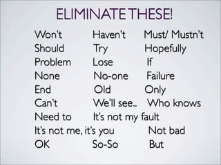 ELIMINATETHESE!
Won’t Haven’t Must/ Mustn’t
Should Try Hopefully
Problem Lose If
None No-one Failure
End Old Only
Can’t We’ll see.. Who knows
Need to It’s not my fault
It’s not me, it’s you Not bad
OK So-So But
 