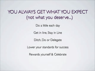 YOU ALWAYS GET WHATYOU EXPECT
(not what you deserve...)
Do a little each day
Get in line, Stay in Line
Ditch, Do or Delegate
Lower your standards for success
Rewards yourself & Celebrate
 