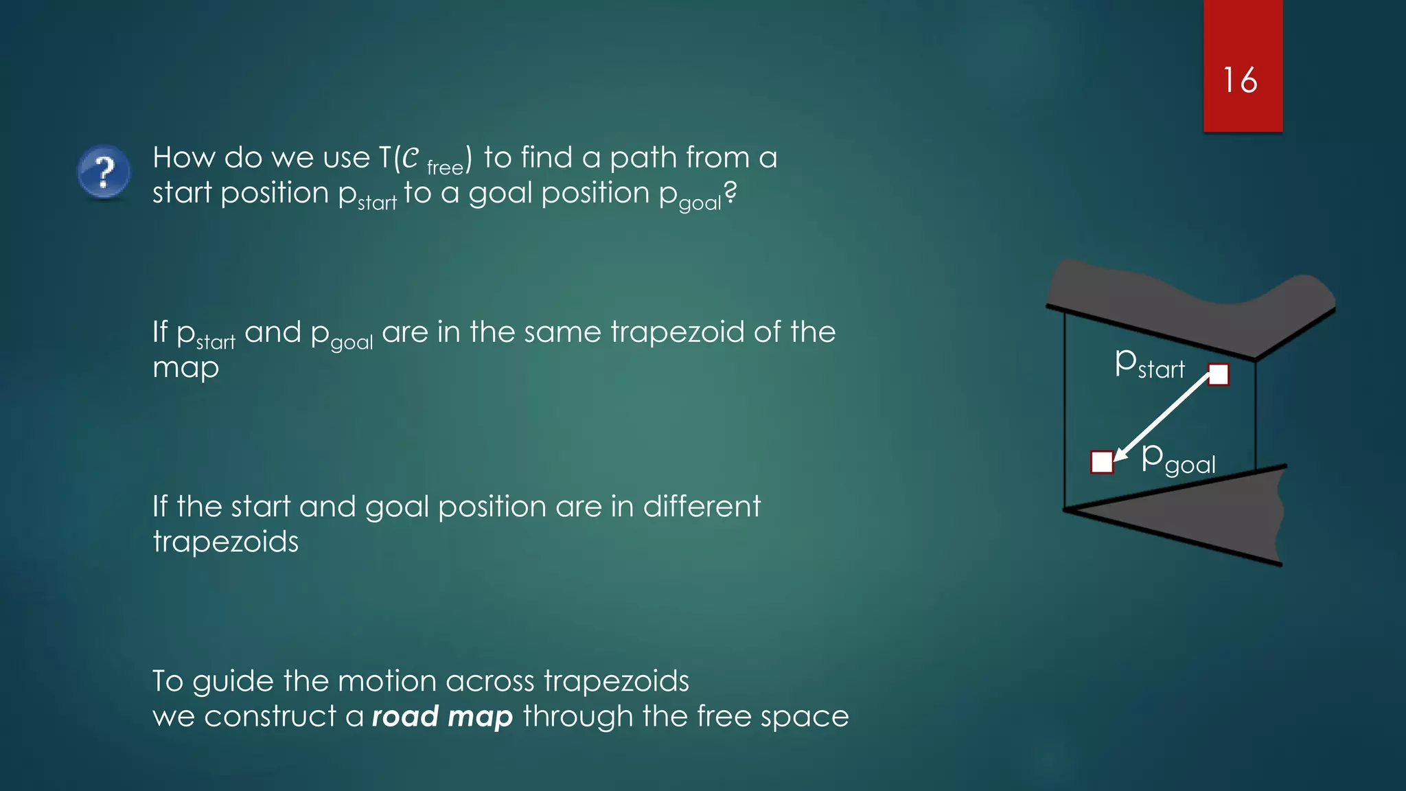 How do we use T(𝒞 free) to find a path from a
start position pstart to a goal position pgoal?
If pstart and pgoal are in the same trapezoid of the
map pstart
pgoal
If the start and goal position are in different
trapezoids
To guide the motion across trapezoids
we construct a road map through the free space
16
 