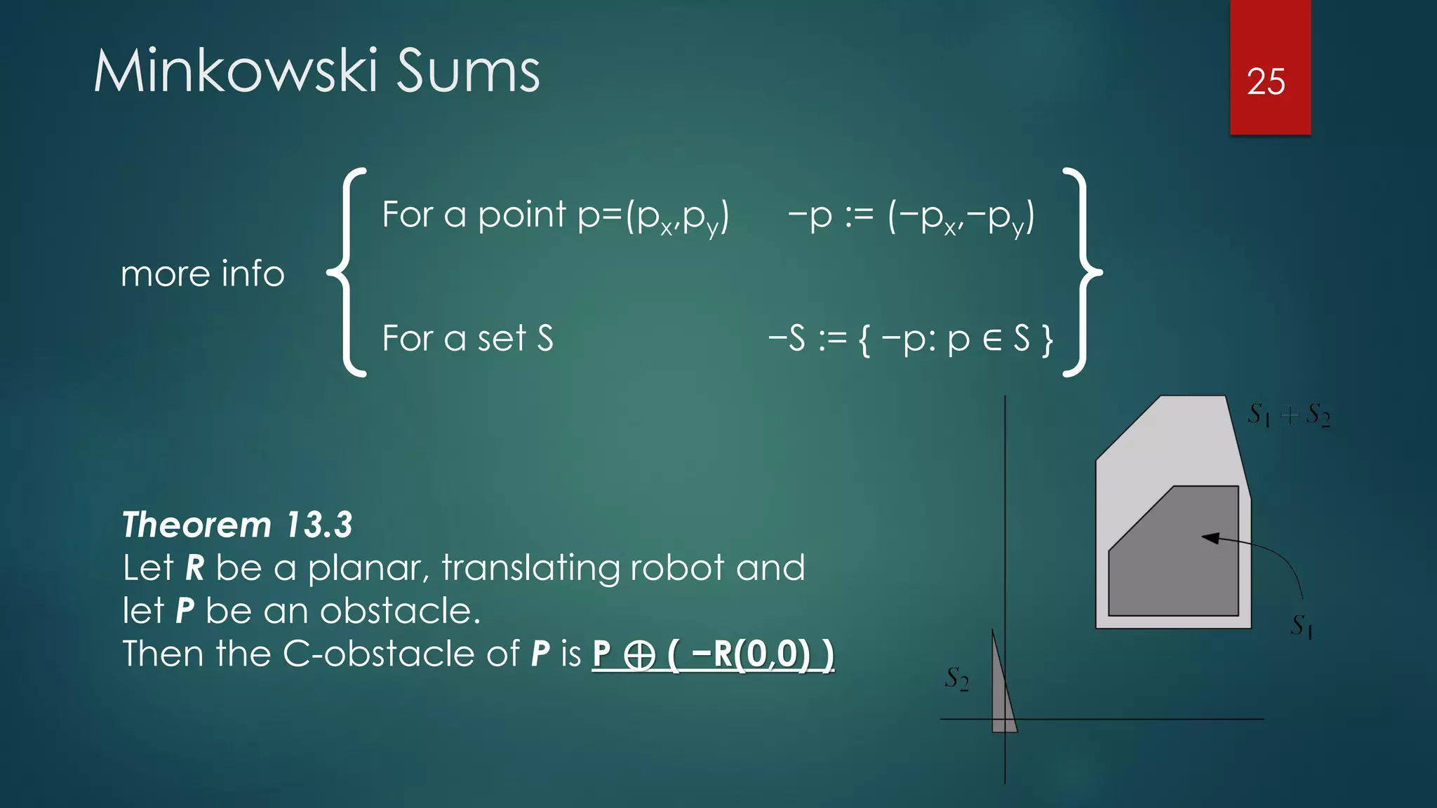 Minkowski Sums
Theorem 13.3
Let R be a planar, translating robot and
let P be an obstacle.
Then the C-obstacle of P is P ⊕ ( −R(0,0) )
−p := (−px,−py)
For a set S −S := { −p: p ∈ S }
For a point p=(px,py)
more info
25
 