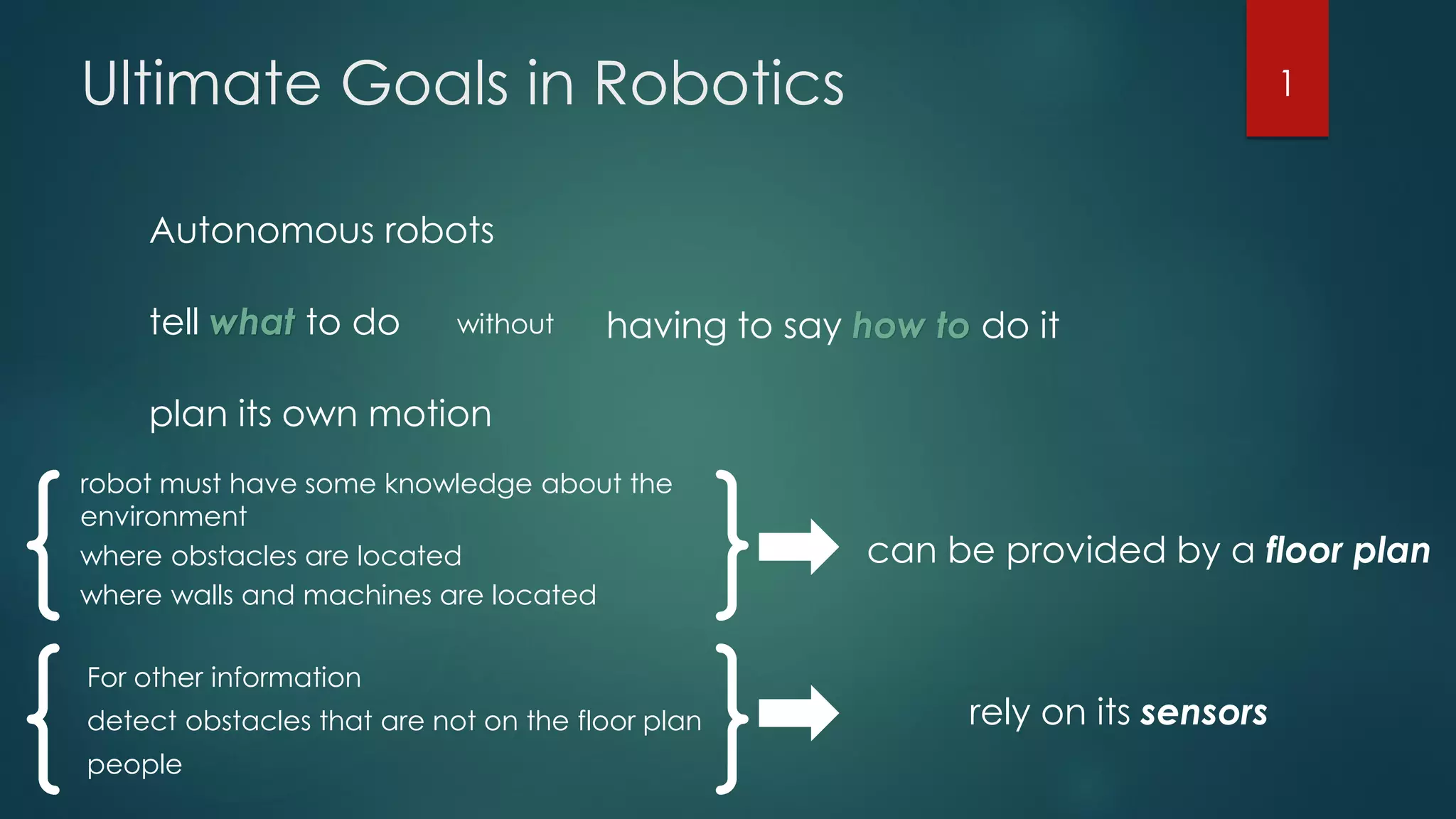 Ultimate Goals in Robotics
Autonomous robots
tell what to do without having to say how to do it
plan its own motion
robot must have some knowledge about the
environment
where obstacles are located
where walls and machines are located
can be provided by a floor plan
For other information
detect obstacles that are not on the floor plan
people
rely on its sensors
1
 