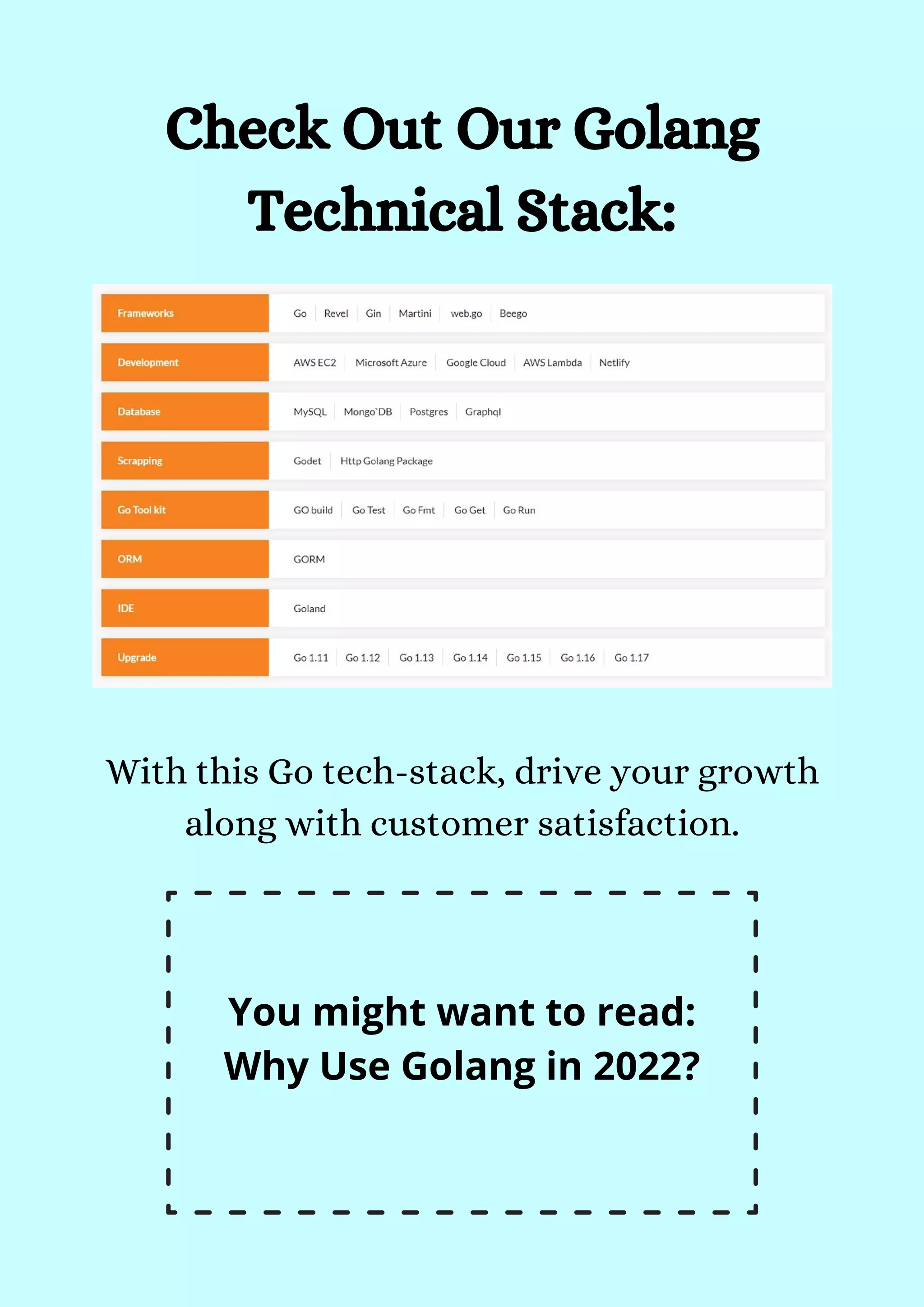 Check Out Our Golang
Technical Stack:


With this Go tech-stack, drive your growth
along with customer satisfaction.




You might want to read:
Why Use Golang in 2022?
 