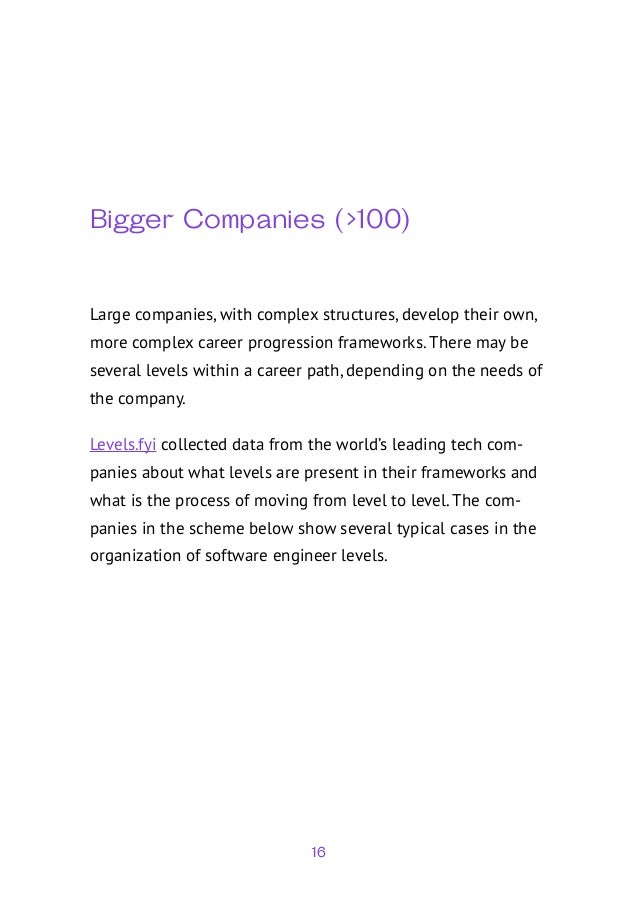 16
Bigger Companies (>100)
Large companies, with complex structures, develop their own,
more complex career progression frameworks. There may be
several levels within a career path, depending on the needs of
the company.
Levels.fyi collected data from the world’s leading tech com-
panies about what levels are present in their frameworks and
what is the process of moving from level to level. The com-
panies in the scheme below show several typical cases in the
organization of software engineer levels.
 