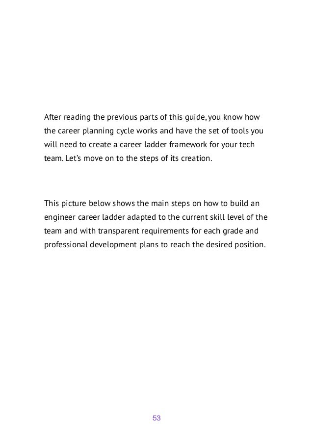 53
After reading the previous parts of this guide, you know how
the career planning cycle works and have the set of tools you
will need to create a career ladder framework for your tech
team. Let’s move on to the steps of its creation.
This picture below shows the main steps on how to build an
engineer career ladder adapted to the current skill level of the
team and with transparent requirements for each grade and
professional development plans to reach the desired position.
 