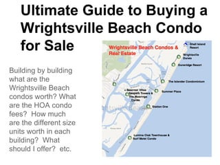 Ultimate Guide to Buying a
Wrightsville Beach Condo
for Sale
Building by building
what are the
Wrightsville Beach
condos worth? What
are the HOA condo
fees? How much
are the different size
units worth in each
building? What
should I offer? etc.

 