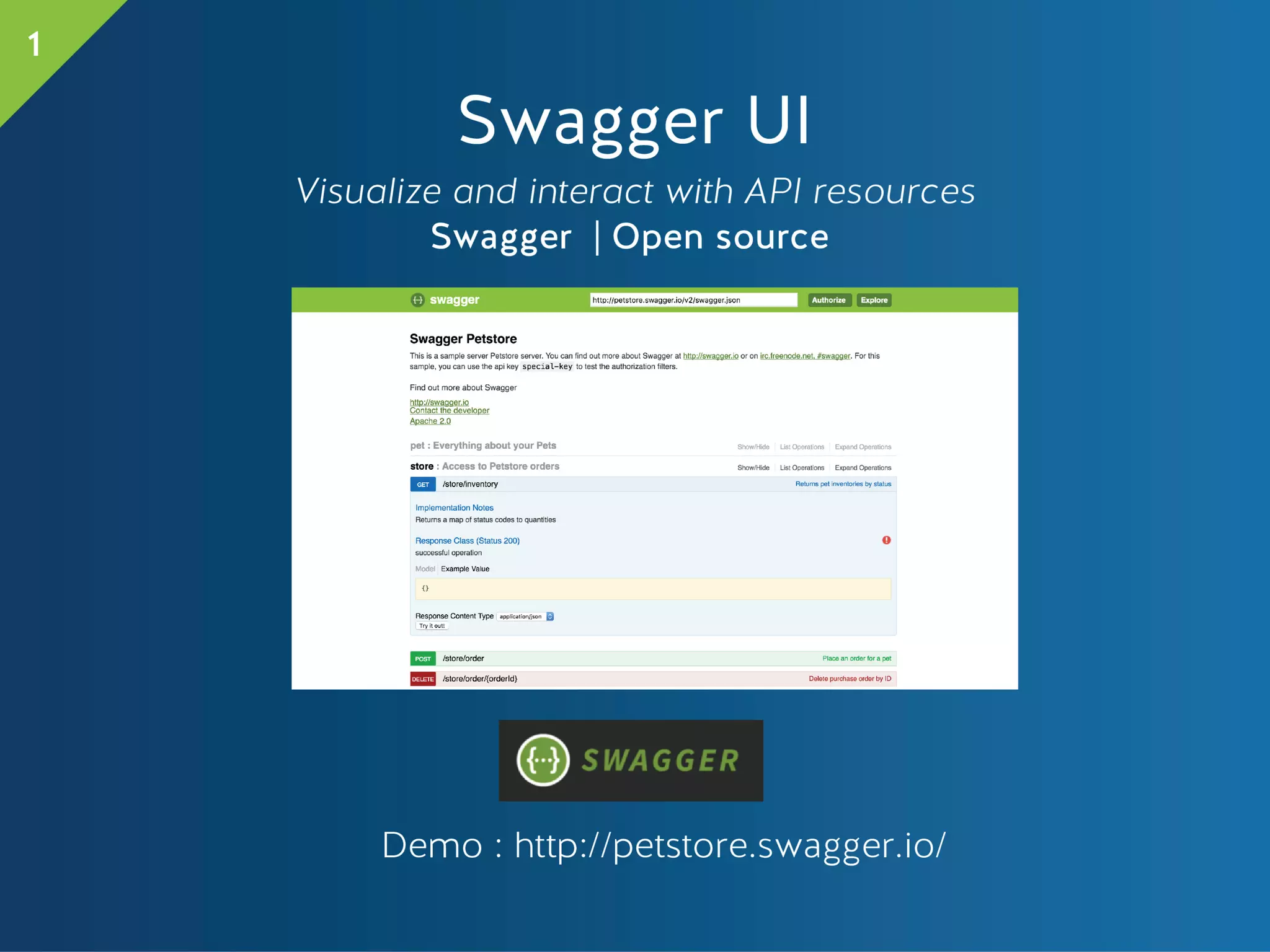 Swagger UI
Visualize and interact with API resources
Swagger | Open source
Demo : http://petstore.swagger.io/
1
 