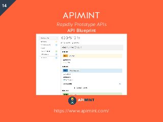 APIMINT
Rapidly Prototype APIs
API Blueprint
https://www.apimint.com/
14
 