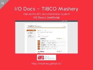 I/O Docs — TIBCO Mashery
Interactive API documentation system
I/O Docs | JavaScript
http://mashery.github.io/
15
 