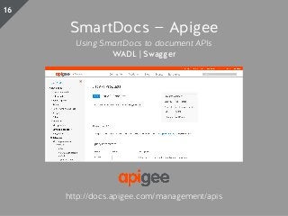 SmartDocs — Apigee
Using SmartDocs to document APIs
WADL | Swagger
http://docs.apigee.com/management/apis
16
 